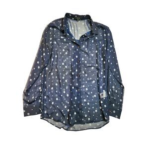 Gothic Print Skull Hearts Sheer Button Up Small Blouse Navy Blue Tate Whimsical